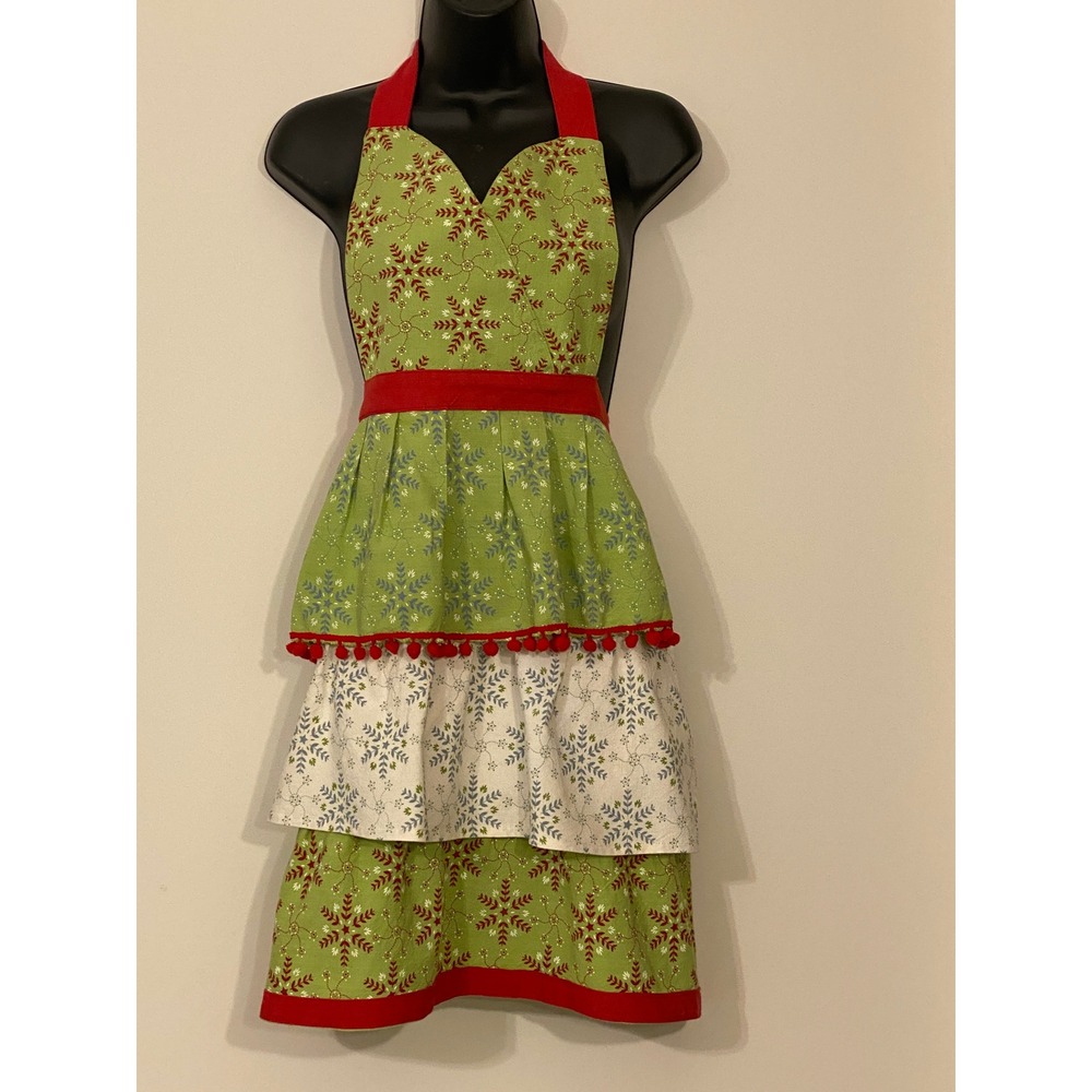 Christmas Snowflake Ruffle Tiered Apron Green Red White Pom Pom Holiday Hostess